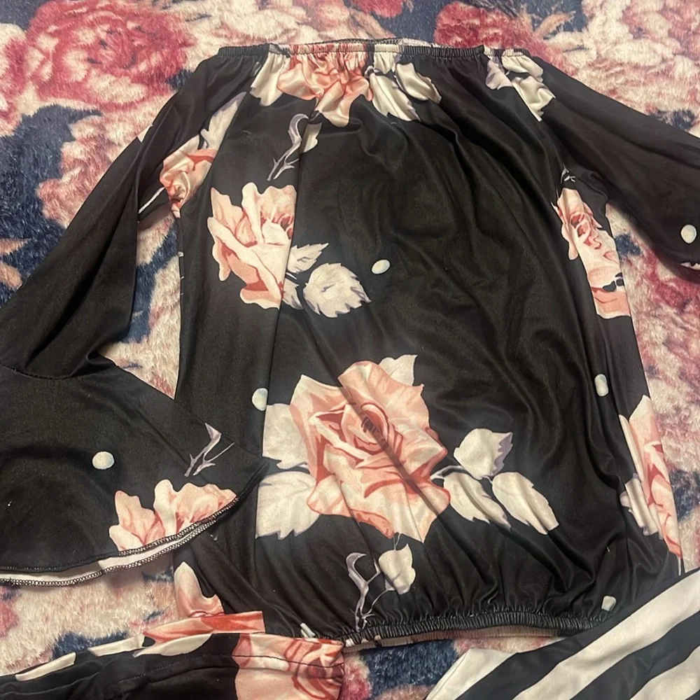 Floral Bell Sleeve Top and Striped Pants Set